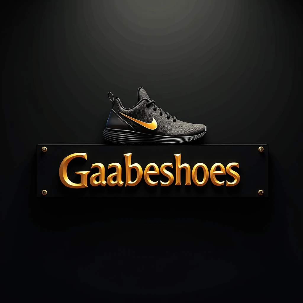 WRITE A GAABESHOES SIGN WITH GOLD LETTERS WITH A NIKE JORDAN SNEAKER IN BLACK AND GOLD ON TOP OF THE SIGN WITH A BLACK BACKGROUND