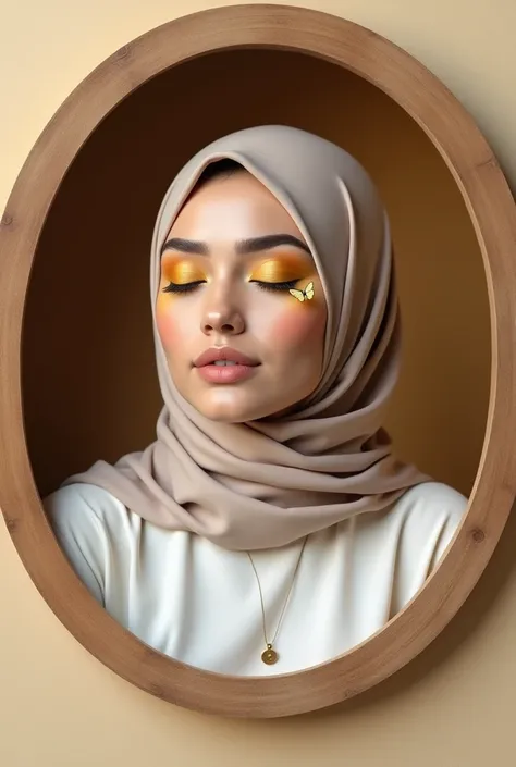  real pic empty wooden circle of brown color in the middle of the circle there is a woman wearing a hijab,white shirt ,  wears eyeshadow of yellow color , two-two eyes closed  , next to the eye there is a small butterfly until there is a text inscription  ...