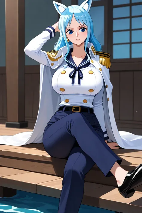 full size woman , wearing a Navy Watch admiral uniform with a sword , dressed in dark blue sailor pants, the white cape hangs carelessly on the shoulders, without using sleeves  (No one else is present in the ), sailor from the anime One piece ,  on top of...