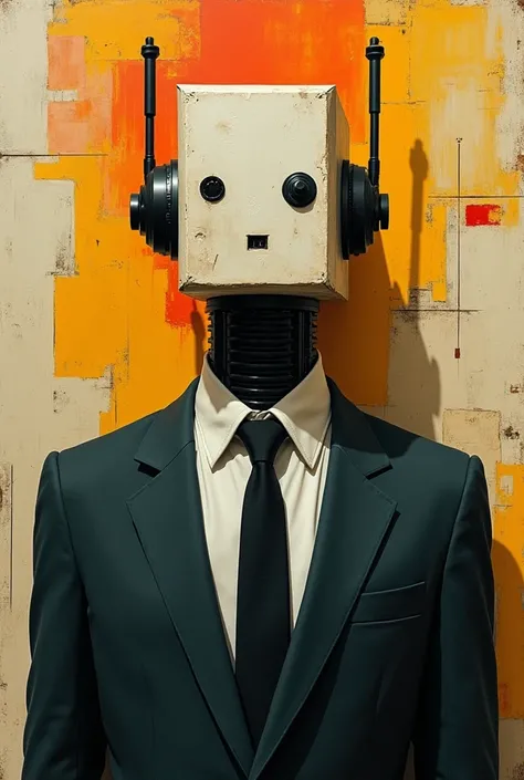 Abstract style in the style of kazimir malevich,kazimir malevich style,kazimir malevich art,kazimir malevich,a man in a suit with a paper mask on his head, wearing a plug suit, wearing a worn out suit, biopunk suit, masked person in corner, the man with ro...