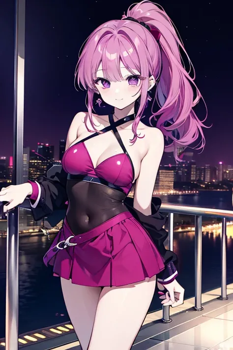  Pretty Woman with Pink Purple and Burgundy Hair、Pale Purple Butterfly Swimsuit 、 belly button out、Miniskirt、 ponytail、Earrings、 Marina Bay Sands Rooftop Pool 、 night view、 seductive smile、Soft breasts、