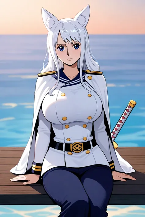 full size woman , wearing a Navy Watch admiral uniform with a sword , dressed in dark blue sailor pants, the white cape hangs carelessly on the shoulders, without using sleeves  (No one else is present in the ), sailor from the anime One piece , on top of ...