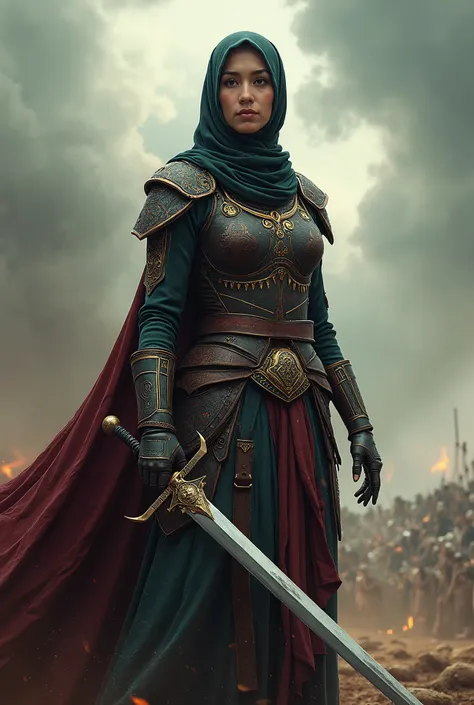 A powerful and graceful Muslim lady warrior, dressed in a blend of traditional Islamic clothing and modern armor, wielding a sword with confidence. Her hijab is adorned with protective amulets, and the background shows a battlefield with a dramatic sky, em...