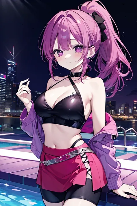 a beautiful woman with pink, purple and burgundy hair, wearing a pale purple butterfly swimsuit, midriff exposed, mini skirt, ponytail, earrings, on the rooftop pool of Marina Bay Sands with night cityscape, captivating smile, soft curves