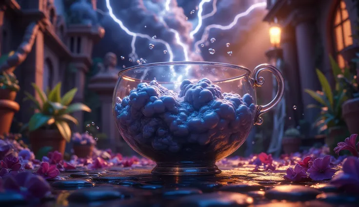 a dramatic storm in a teacup, detailed glass teacup filled with swirling clouds and lightning, realistic 3D render, cinematic lighting, dramatic atmosphere, moody colors, dark and gloomy, intricate details, storm clouds, bolts of lightning, wet surface, co...