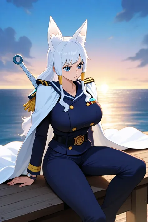 full size woman , wearing a white Navy Watch admiral uniform with a sword, dressed in dark blue sailor pants, the white cape hangs carelessly on the shoulders, without using sleeves  (No one else is present in the ), sailor from the anime One piece , on to...