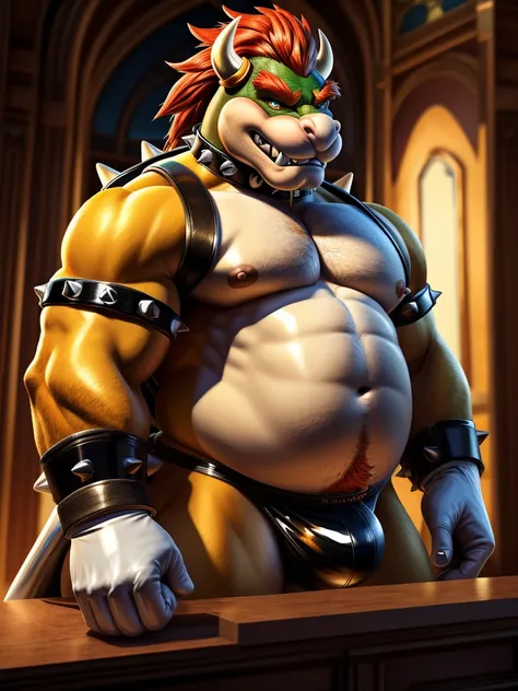 Naked, Solo, Male, fat, extremely obese, gentleman, dapper Bowser with nipples, blue eyes, (soft shading), 4k, hi res, ((detailed face, detailed)), looking at viewer, evil grin, jockstrap, glossy jockstrap, top hat, glossy top hat, Naked Bowser is wearing ...