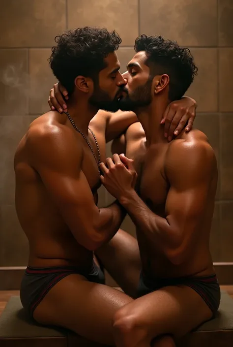 Two Arabic men making out wearing shorts in a stream room they are gay . One Twink is sitting on other ones legs touching his shoulder with big penises. Jock straps. Touching lips