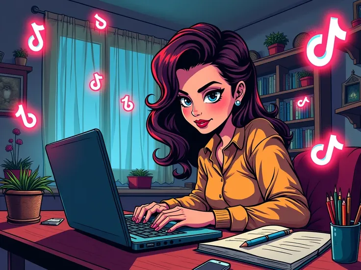 Comic book art-style woman at home working on a Laptop with glowing TikTok icons