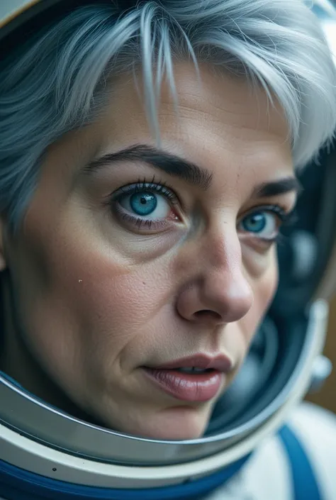 ( A close-up of a better masterpiece :1.5)0.9], (Space and astronauts:1.2) ( Messy silver hair :1.1) ( heterochromia cause xanthochromia and blue eyes:1.2) (Raumhelm:1.0) (Colored stars in the eyes:1.0) (A radiant shine:1.1) ( full lips:0.9)