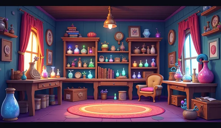  inside the witchs room, There are magic objects ,  no people ,  chibi 3d cartoon style