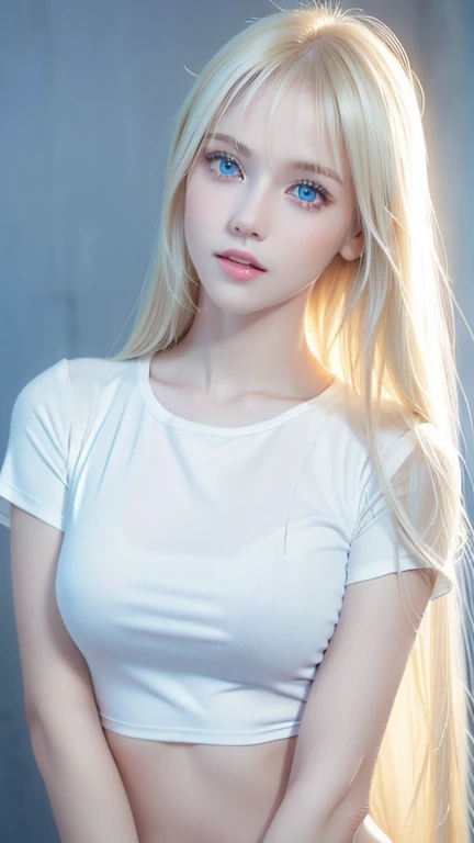  Unmatched Beauty ,  firm and shiny skin ,  bangs between eyes, Beautiful shiny straight platinum blonde,  Super Long Straight Silky Hair,  eyeliner ,  sexy beautiful innocent , High resolution big beautiful bright blue eyes,  beautiful and lovely girl, Ba...