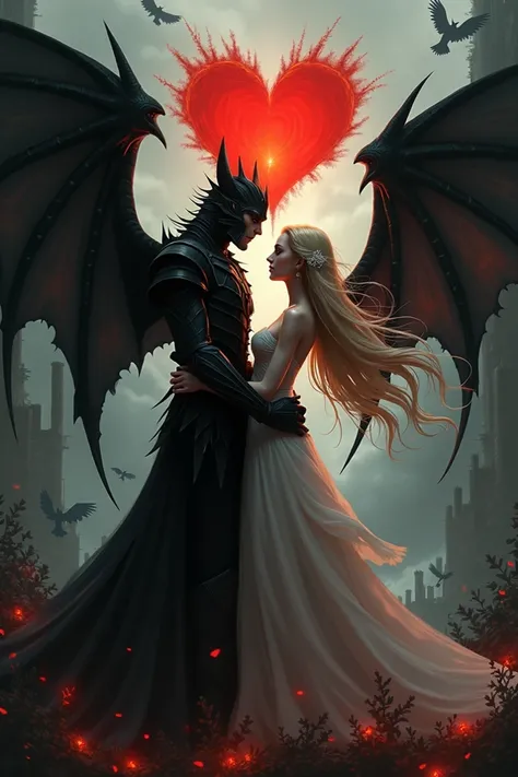 anime style painting, dark, gothic and romantic. In the center are two figures in an intimate embrace: a male demon-like creature and a human female. The demon is tall, clad in jagged black armor, with large bat-like wings and a mysterious demonic appearan...