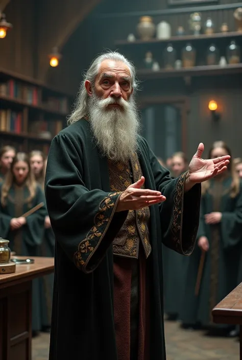 Create a 60-year-old man who doesnt look his age who has brown eyes gray hair a la Souvarov style beard wearing wizard clothes, He is in Hogwarts in the transfiguration room , hes the Teacher
