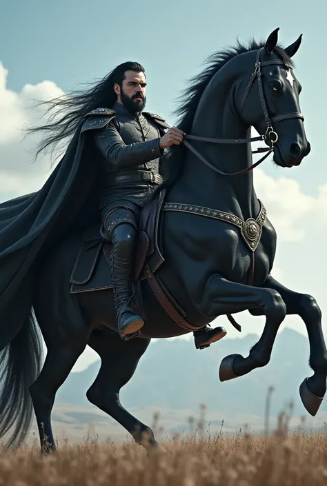 King with black hair and short beard with gray gray eyes shimmering heavenly riding a black horse