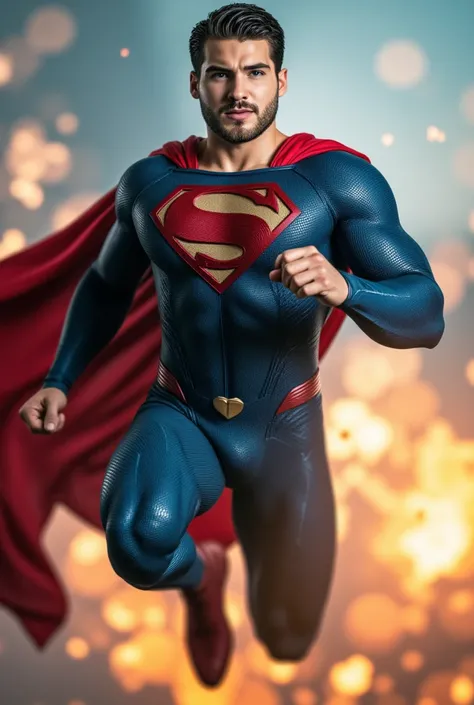 Cody Christian with an undercut haircut combed back, short beard, dressed in a clasic blue Superman costume, superhero boots, he is floating in the air, superman pose, superman, superman costume, superman is high, super high resolution, superhero body, Cod...