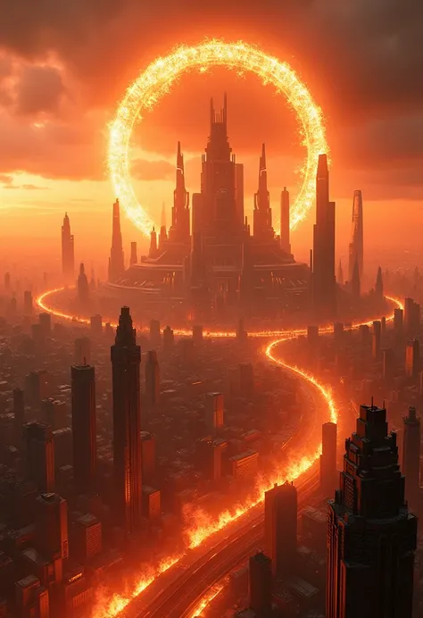  A panoramic view from the heights of the city of metropolis, which is surrounded by fire on all sides . 3D fantasy and science fiction style  .