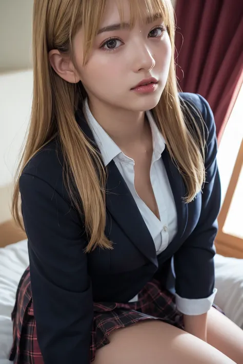 ((masterpiece, top quality , high res,  Ultra Fine)), Japanese high school girl ,( realistic :1.5)、 Amazing Face 、 sharp mouth、 close your mouth、Glossy Lips 、 twin tails,(Beautiful blonde:1.5)、 high school uniform ,(Black blazer, dress shirt, very short pl...