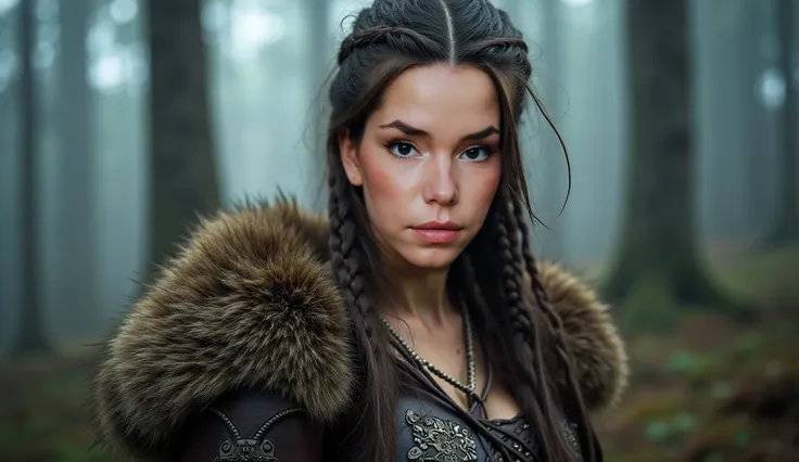 Close-up of a stunning 24-year-old Viking woman with a fierce yet seductive expression. Her youthful, beautiful face is adorned with subtle war paint and faint scars, adding an edge to her natural allure. Long, braided hair with loose strands frames her st...