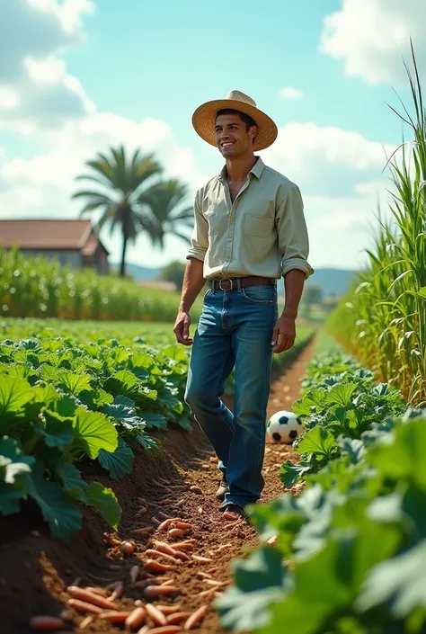 " A vegetable farm full of greens .  Cristiano Ronaldo,  farm clothes  ( jeans ,  works in the field with a shirt and straw hat )  .  Corn all around , carrots ,  has broccoli and tomato leaves .  A soccer ball stands somewhere in the field .  A sunny day ...