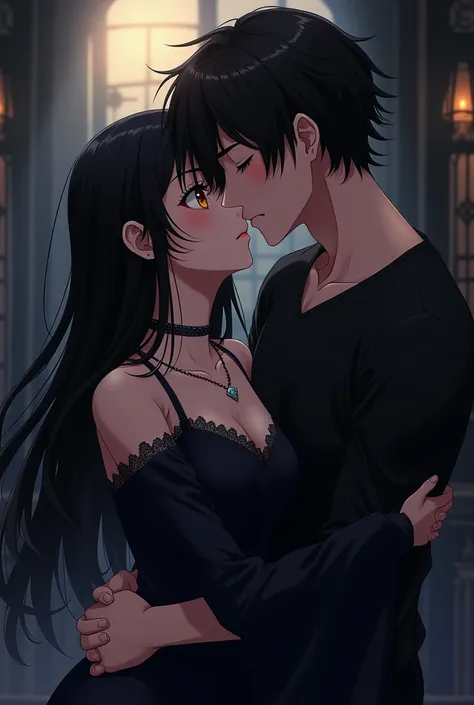 Anime girl with long black hair and golden eyes with necklace and chain around her neck kissing anime boy with black and tan hair of athletic build both wearing dark clothes