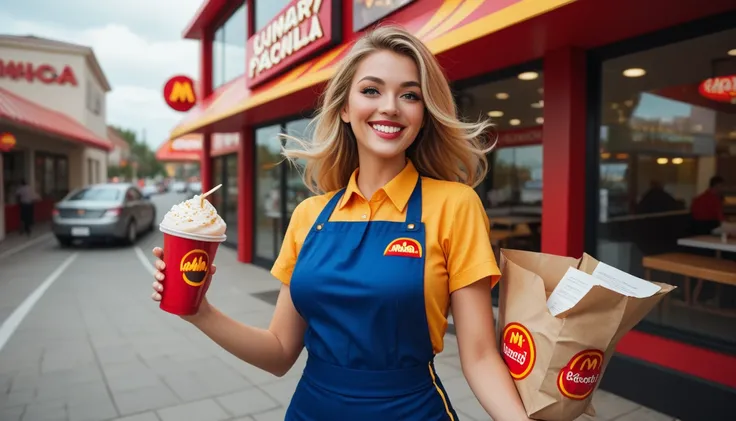 "A sexy female clerk standing in a sunny parking lot wearing a fashionable fast food uniform. She holds a large McDonalds paper bag in each hand, her hair blowing in the wind, and a bright and cheerful smile. In the background is a clear background. A phot...