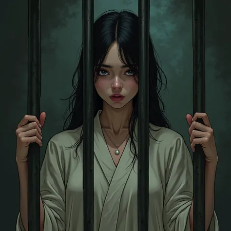 
The image is a digital illustration of a young and attractive woman standing holding the bars of the old and dark style zelds. 


 details :

* **The woman:**  has long black hair ,  dark eyes and wears an ivory-colored robe .  Her expression is tired and...