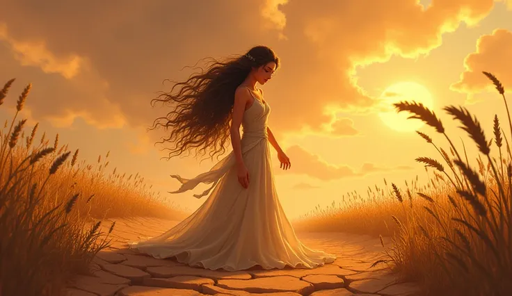  The impact of his death was devastating . Demeter, consumed by pain, abandoned his divine duties .  The formerly prosperous fields withered,  and the world experienced its first drought .Disney Pixar style