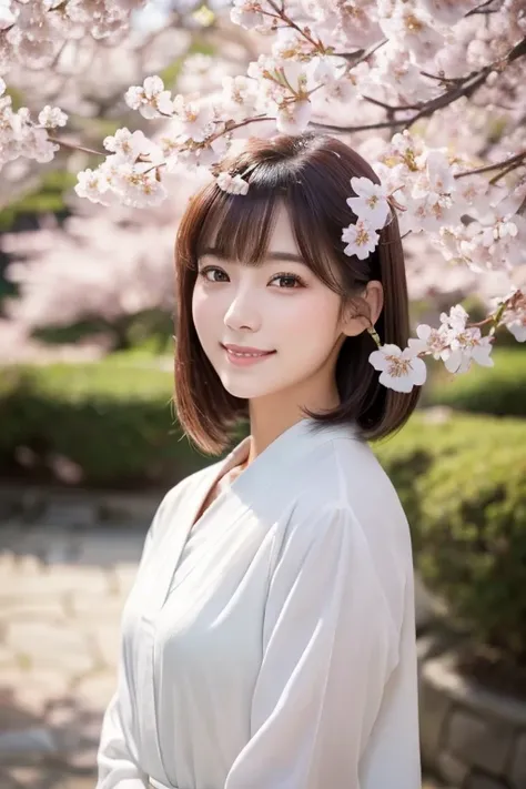 (( top quality )), ((masterpiece)), (( realistic )),  cherry blossoms stand in a quiet Japanese garden at eye level、 girl with perfect beauty, Scenic, masterpiece, ( high res),  original , extremely detailed 8K , (photo realistic :1.4),  perfect face  ,  p...