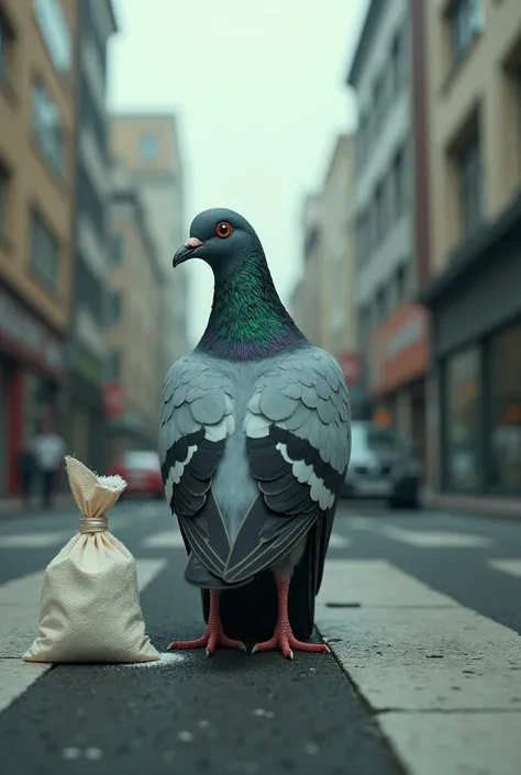  inside a pigeon in the middle of a city street with slightly red eyes and a very big butt, with a small half-open bag next to it with white powder  