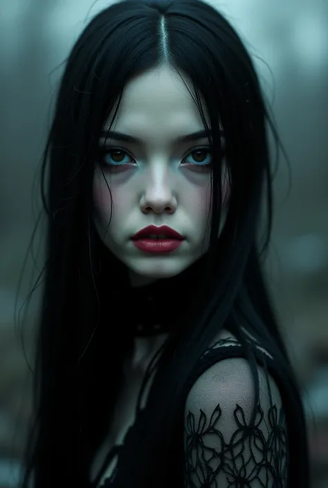 a slender woman with straight and very black hair, very fair skin and a beautiful, super detailed face with a gothic look