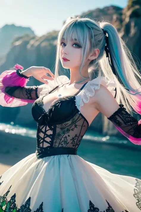 ( 1 girl),gothic, twin tails,White Hair, Organza Lace,Gorgeous and elaborate clothes,gothic,  flying, green, ( colorful ), Bold,  Gradient Blend,  motion blur ,  Sparkling Textures ,   dynamic composition,  atmospheric perspective ,  impressionistic , , (m...