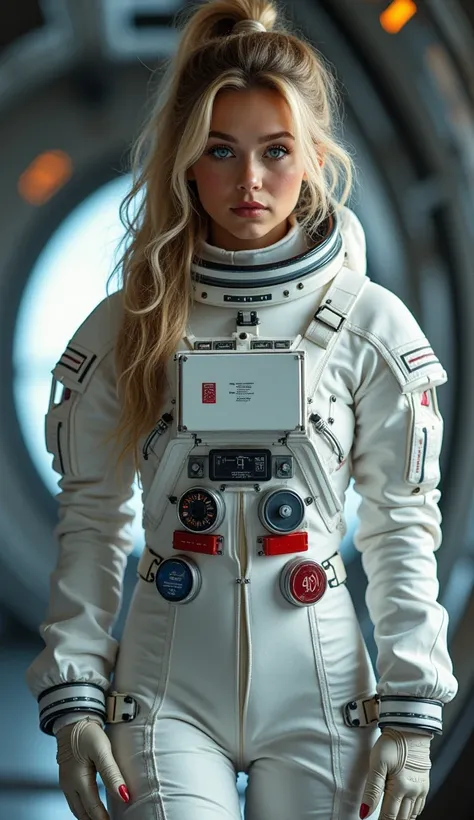 Hot young girl is wearing full covering astronaut suit she has big  and ass she has wavy blond hair blue eyes and freckles she is standing in a orbital station . Girl is tall. Girl has big  and she is fit she is curving her ass. She is fit. She has big bre...