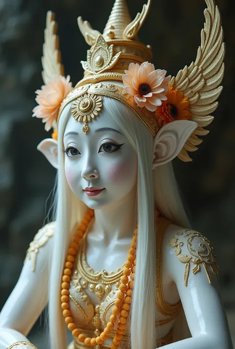 Bad quality. CUSHIONED BREAST CUSHIONED BREAST ENLARGED 200cm.  Buddhist god mask .  female mask of a Buddhist god . Long ears. Long ears long hair down to the shoulders pale white skin.  very white skin .  ears wrapped in beautiful flowers . Dazzling Whit...