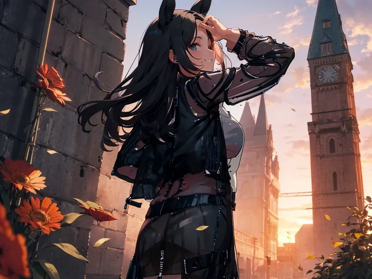 Solo photo, 1 adult woman, (black see-through jacket: 2), skirt, horse ears, arms raised and folded behind head, profile, smiling and looking up at camera, inside castle wall, red flower bed, sunset, strong wind, large breasts, long hair,