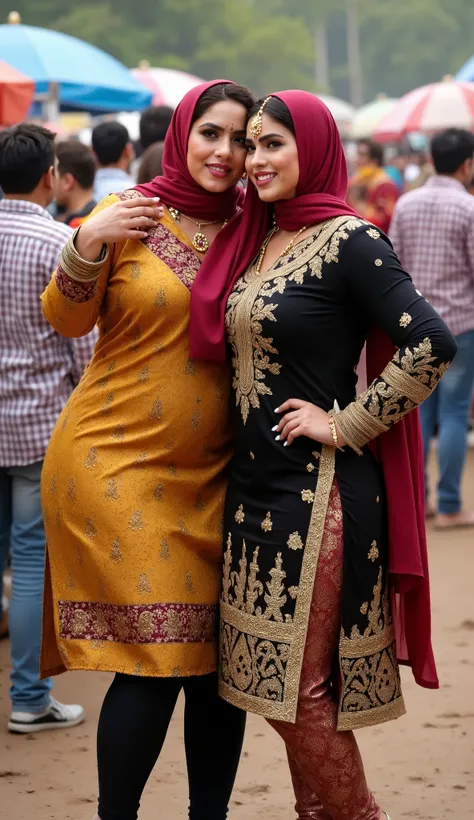 I am 40 year old plus size tall and big giant indian muslim women, looking like indian actress hansika motwani, wearing a gold amd black boarded kurti and shining reflective glossy cyan ankle length leggings and red hijab,white-skin,white skin tone, beauti...