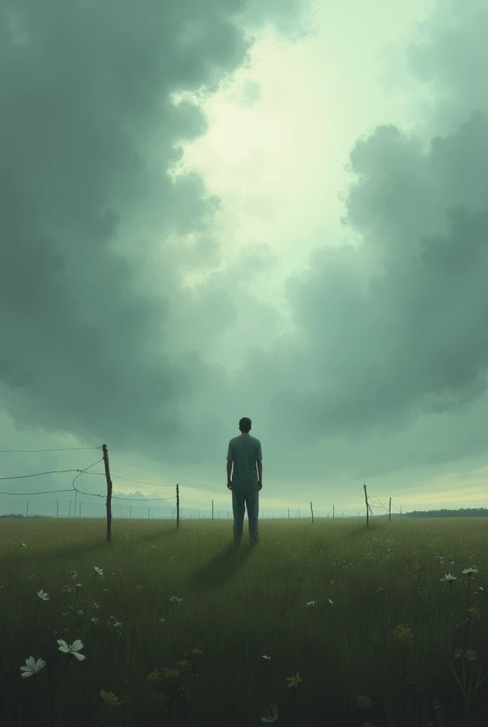 Alone in the field with the cloudy sky