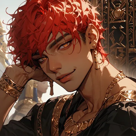 masterpiece, newest, absurdres, safe, high detailed, masterpiece. high detailed, solo, male, relaxed, Male, Masculine, handsome face, Handsome male, upperbody, handsome, Crimson Red hair, golden eyes, Handsome, Egyptian God, Pharaoh, tanned, caramel skin, ...