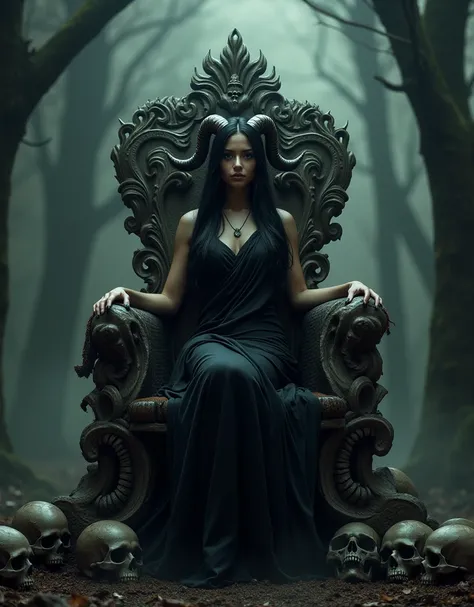 Ek logo banao, 35 sal ki sundar sexy mahila ki, {{Succubus}}, drak skin, skull ke throne pe bethi huvi, black saree, dark forest 