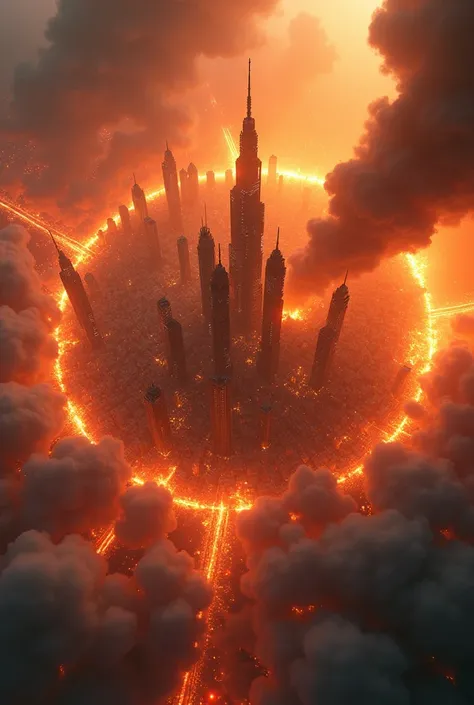 A panoramic view from above of a city that is surrounded by fire on all sides. 3D fantasy and science fiction style  .