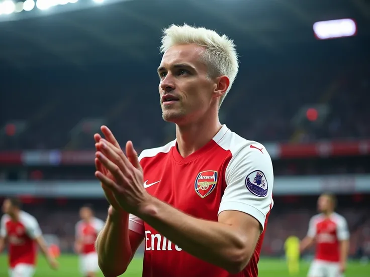  A half-shaved white man,  blue eyes ,  athletic body ,  dressed in Arsenal , Number 14 Applauding the crowd in the middle of the Emirates Stadium ,  Arsenal field after being replaced in a Champions League game. It&#39;s night time