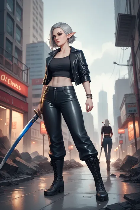 woman, elf, gray skin ,  gray hair ,  black eyes ,  wearing a black shirt,  a black leather jacket over her shoulders ,  wide pants with deep folds , black leather boots , bracelets,  on the left hand a blue blade katana ,  put her walking in a post-apocal...