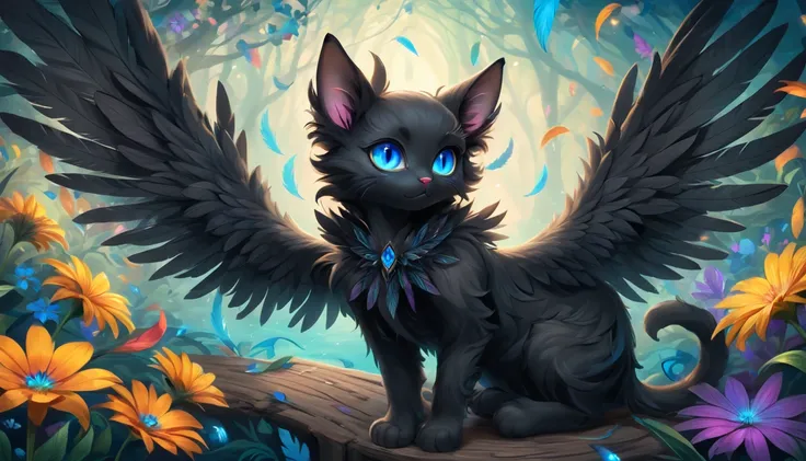     black cat、   blue eyes 、wing、Feather、flower、 fantasy、Fluffy