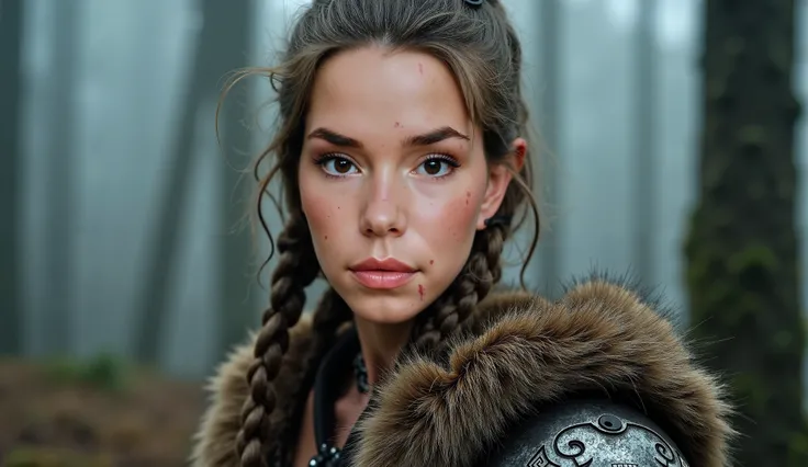 Close-up of a stunning 24-year-old Viking woman with a fierce yet seductive expression. Her youthful, beautiful face is adorned with subtle war paint and faint scars, adding an edge to her natural allure. Long, braided hair with loose strands frames her st...