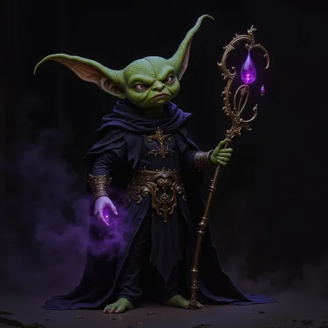 full body green mage small goblin dark purple aura