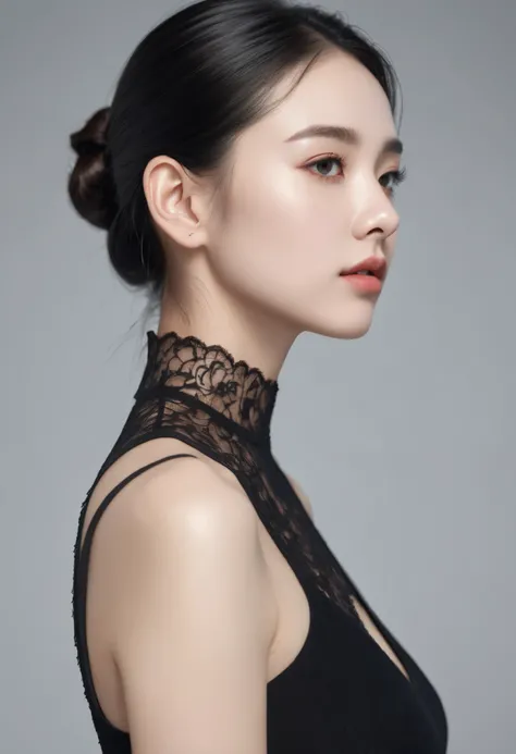 (( Best Quality , 8K )),   of a young lovely woman, Realistic, side view, portrait,  Super Realistic ,  Highly Detailed ,  Highly Detailed  skin,  high quality ,  black dress