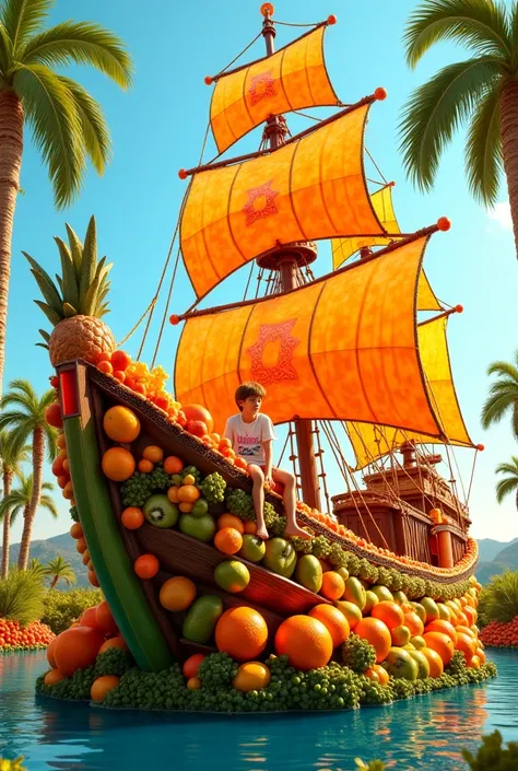 
"A large, intricate ship crafted entirely from various fruits, including oranges, melons, pineapples, and other colorful produce. The ships hull and sails are adorned with vibrant oranges, yellows, greens, and reds, creating a lively and textured design. ...