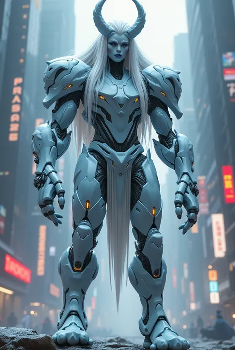 Young frost  giant with white hair horns and four arms whose body is made of cyberpunk robot metal 