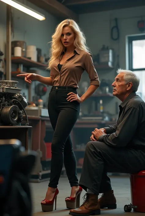 Stunning 8k angry view, bimbo workshop boss courtney stodden pointing at engine and screaming at mechanic in workshop, with a angry expression. She is wearing an otherwise casual button up top and purse tight jumpsuit, but her footwear stands out: an extra...