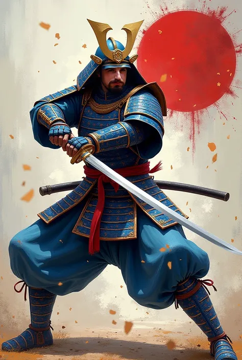 An japan samurai, with intricate armor, aggressive, fighting with nodachi, dynamic pose, dueling stance, painting style. Rich clothes, colorfull mostly blue and white, battle equipment, flag of the daimyo in the background, alone